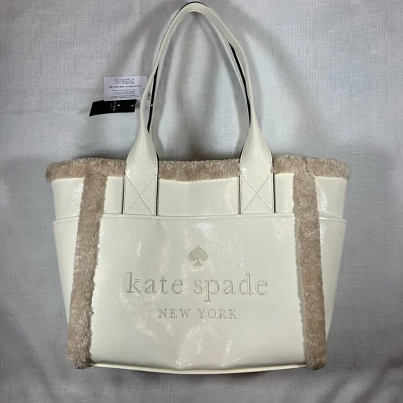 NWT kate spade Jett Faux Shearling Patent Leather Large Tote, Meringue White - Picture 11 of 15